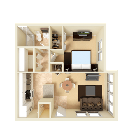 Floor plan for 1 bed, 1 bath, 540 sqft